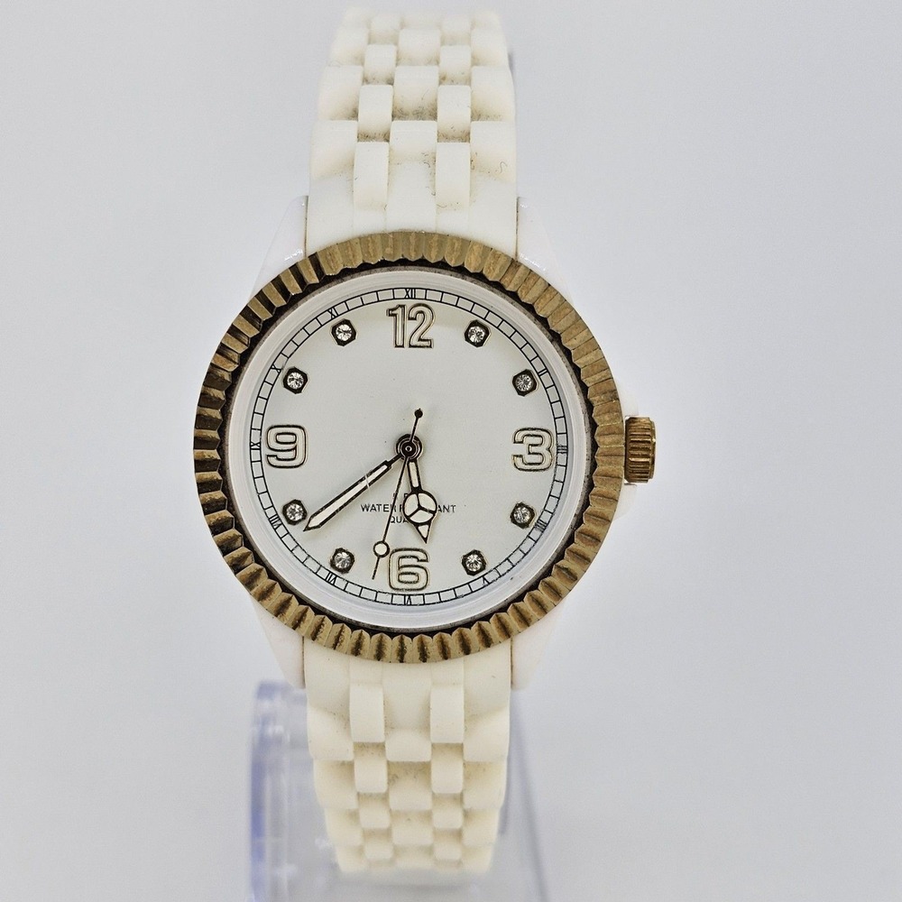 35MM Women Watch White Dial‎ Gold Bezel White Plastic Band Straps New Battery
